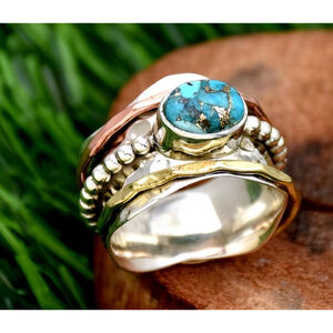 Boho Turquoise Mosaic Stacking Ring Set – Mixed Metal Statement Band